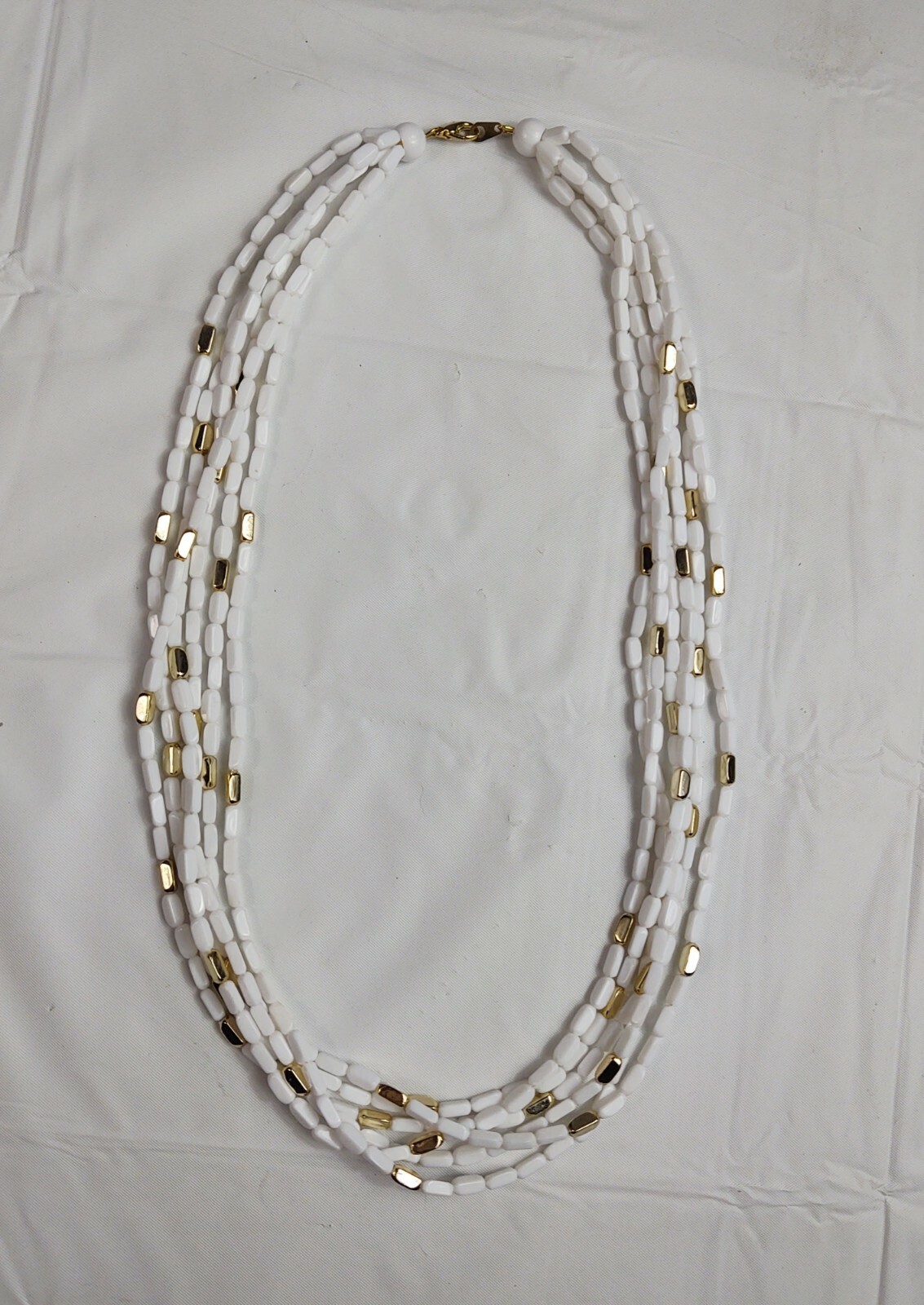 Vintage 6 Strand White & Gold Tone Bead Necklace Women’s Costume Jewelry