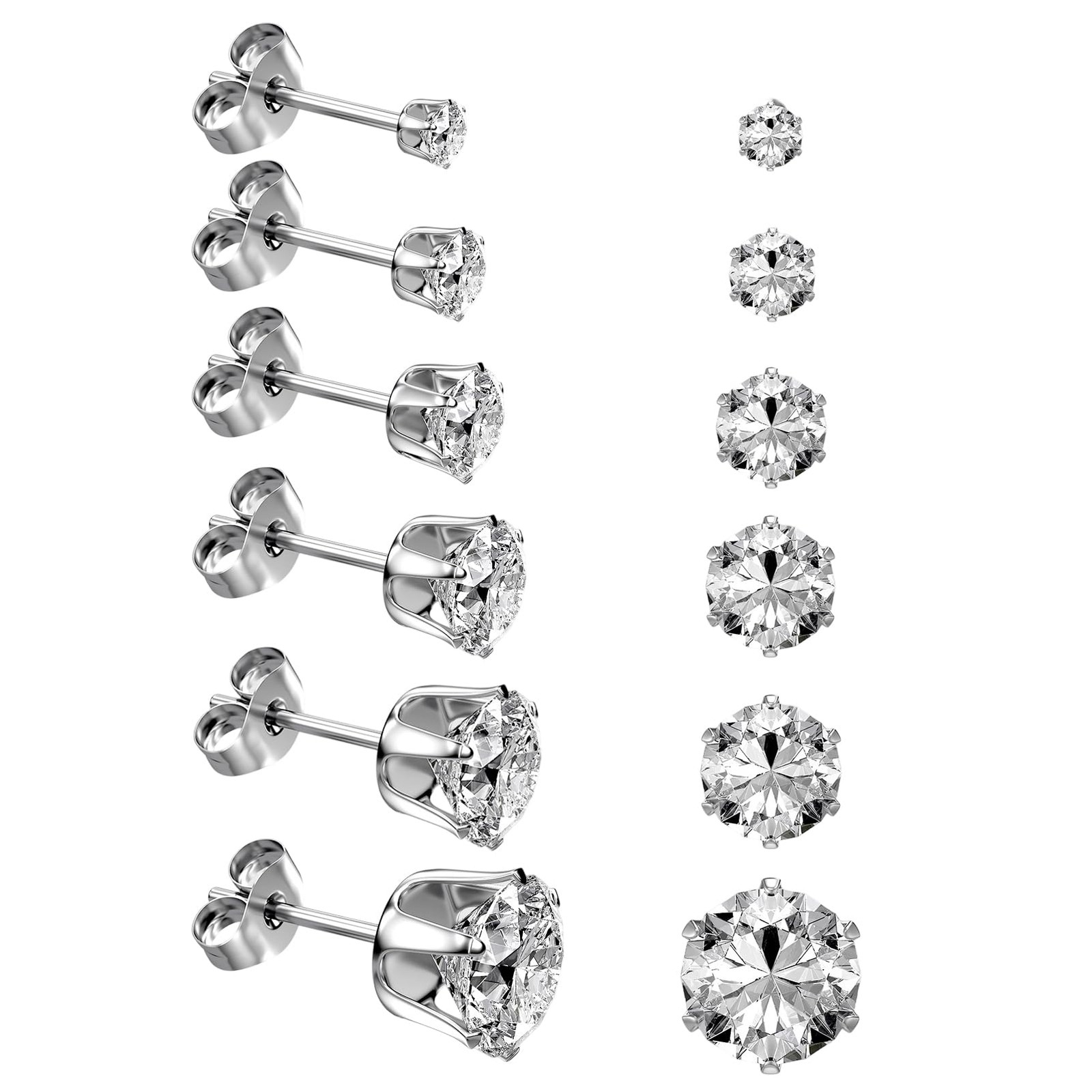 6 Pairs Stainless Steel Stud Earrings Set, 3-8mm 3mm to 8mm, Silver-6Pairs