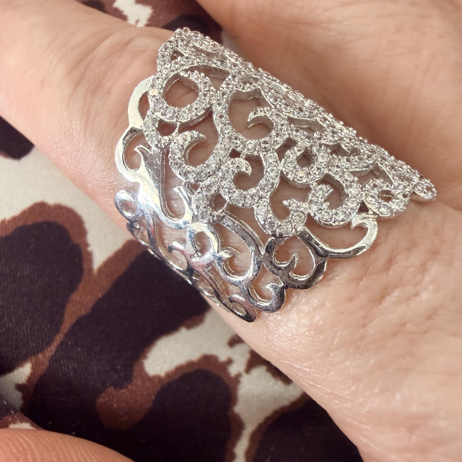 Silver Tone Rhinestone Full Finger Cocktail Ring Size 8 Filigree Statement Bling