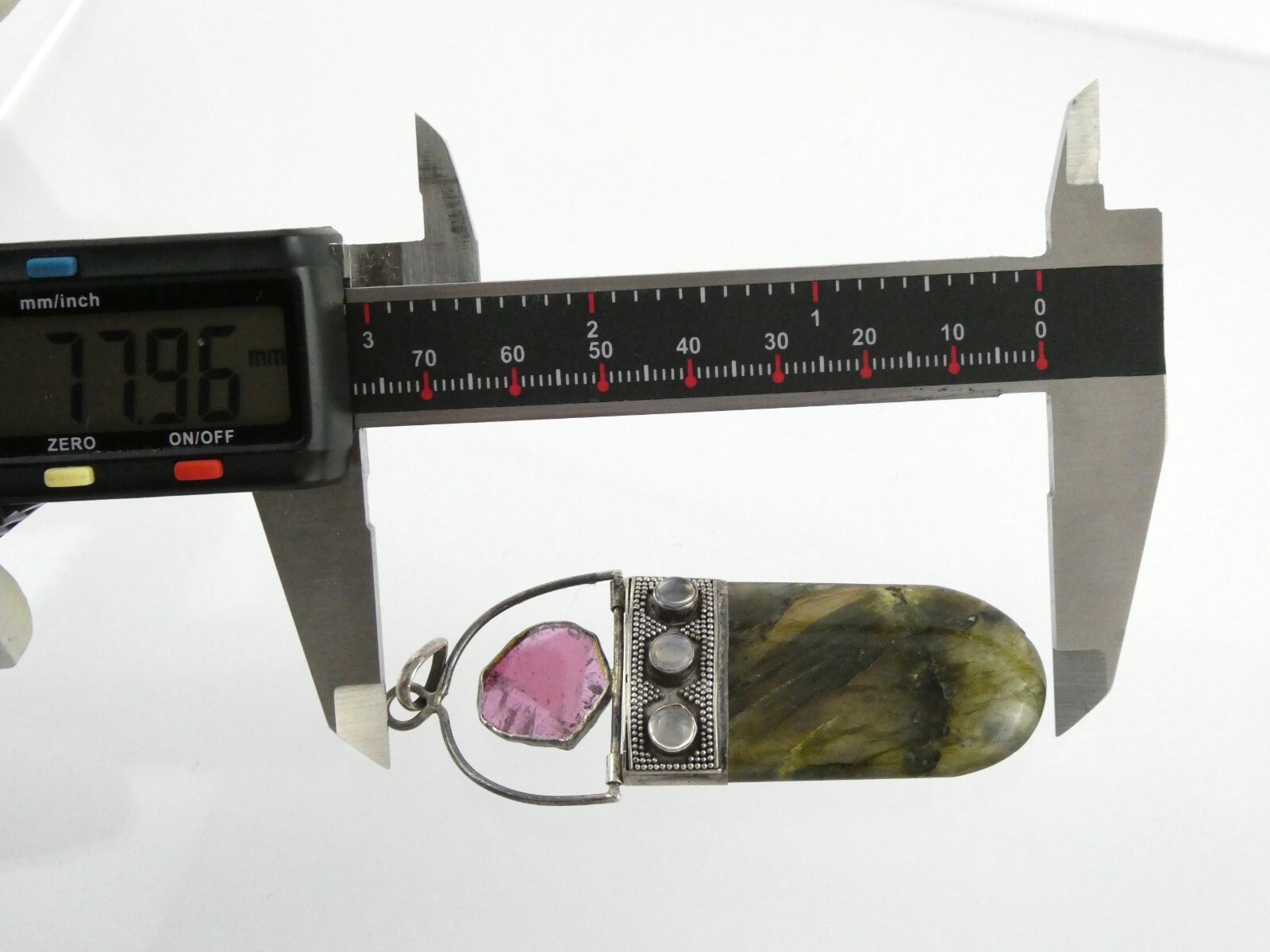 Sterling Silver Pink Tourmaline Slice Labradorite Moonstone Pendant 925 24.2g