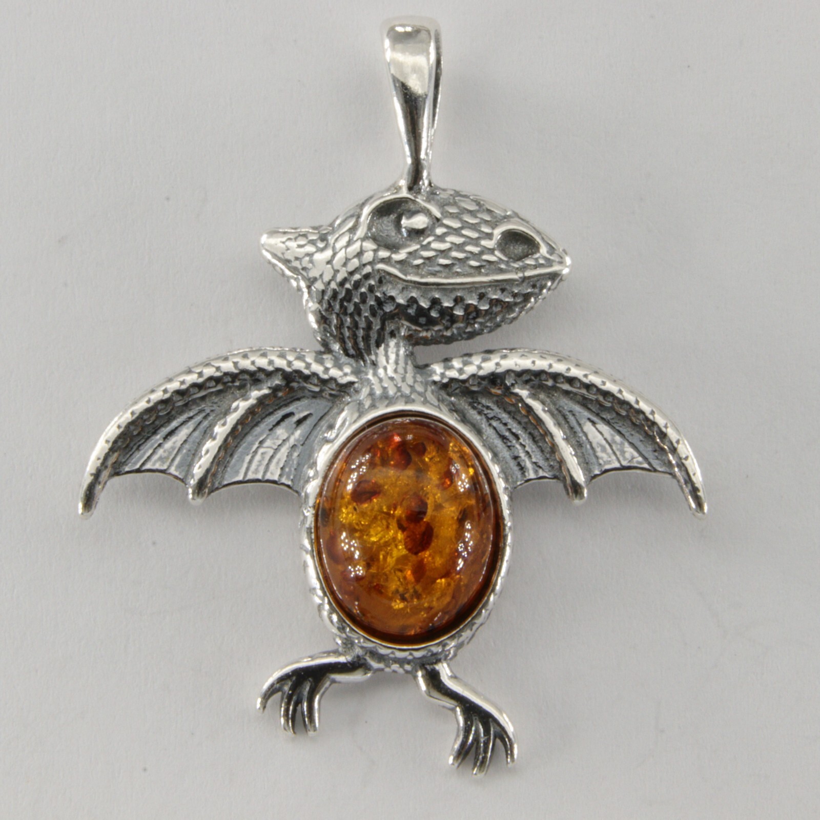 Cognac / Brown BALTIC AMBER Dragon Pendant 925 STERLING SILVER Poland #6050e