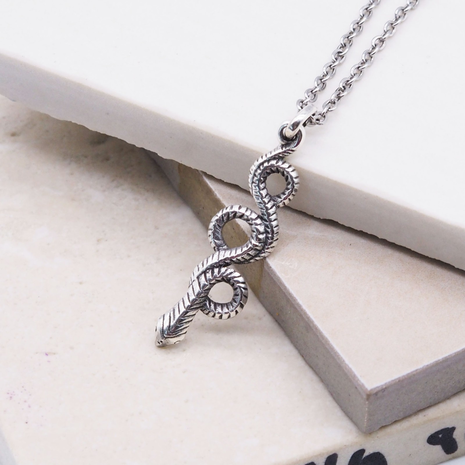 925 Sterling Silver Snake Charm, Coiled Serpent Pendant Necklace, Gothic Jewelry