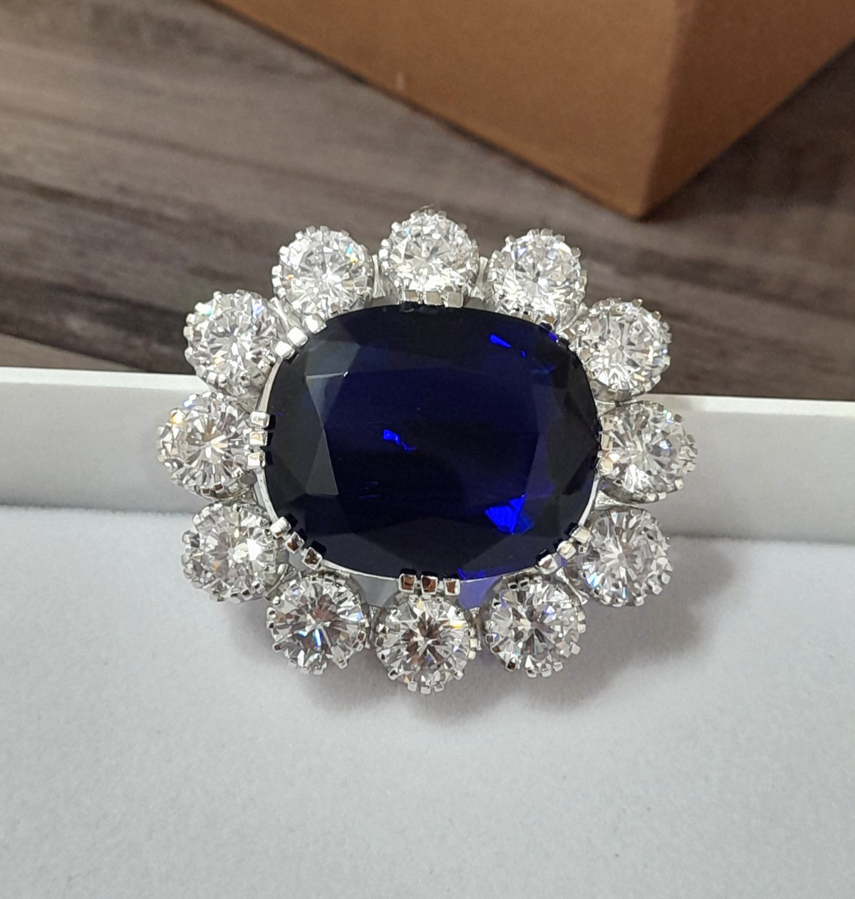 Lab Blue Cushion Cut Halo Fine 925 Silver Brooch Queen Victoria Inspired Jewelry