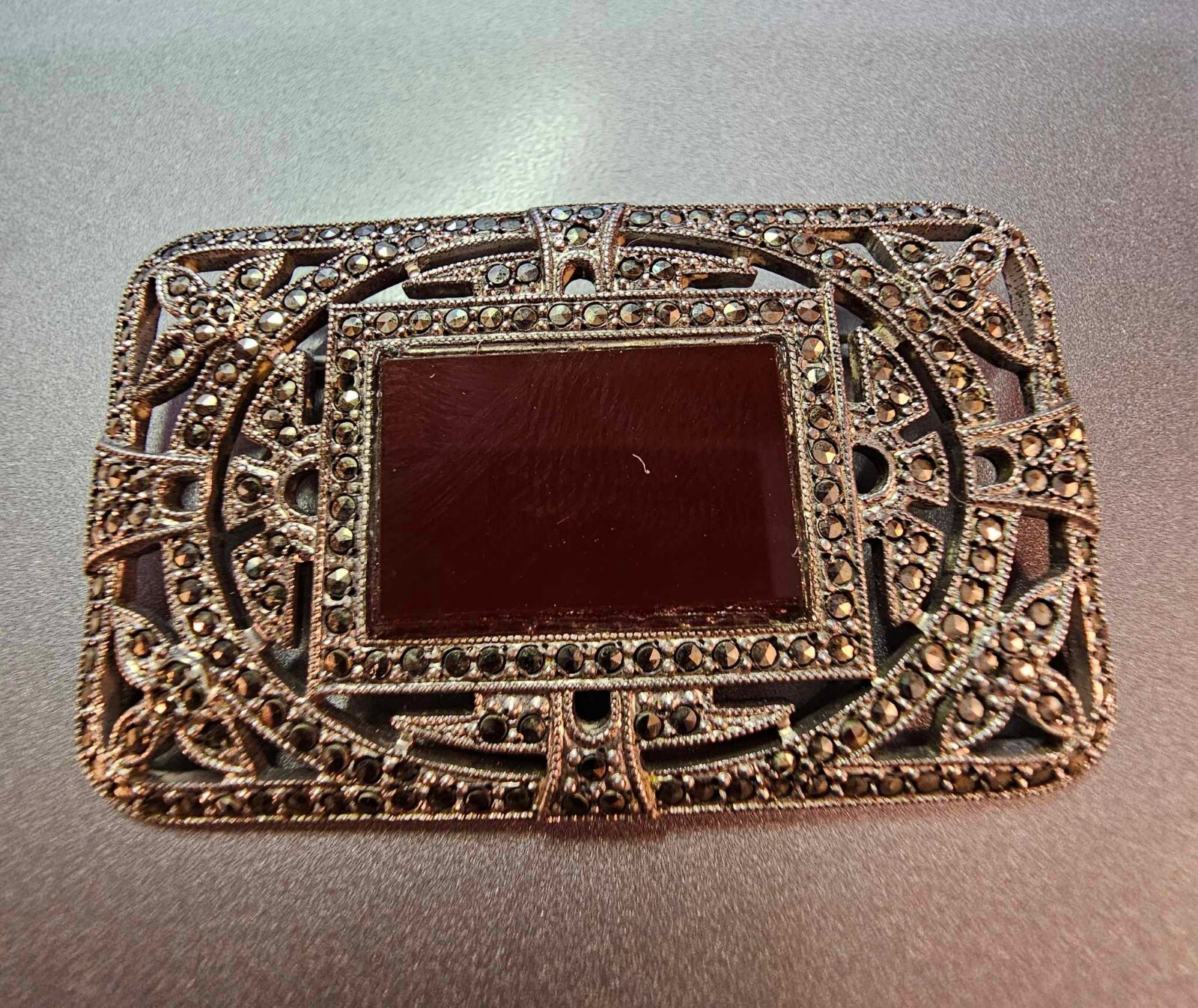 Vtg Art Deco Sterling Silver w Carnelian & Marcasite Rectangular Brooch Pin- S29