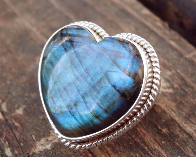 Natural Blue Labradorite Heart Ring 925 Solid Streling Silver Ring For Gift
