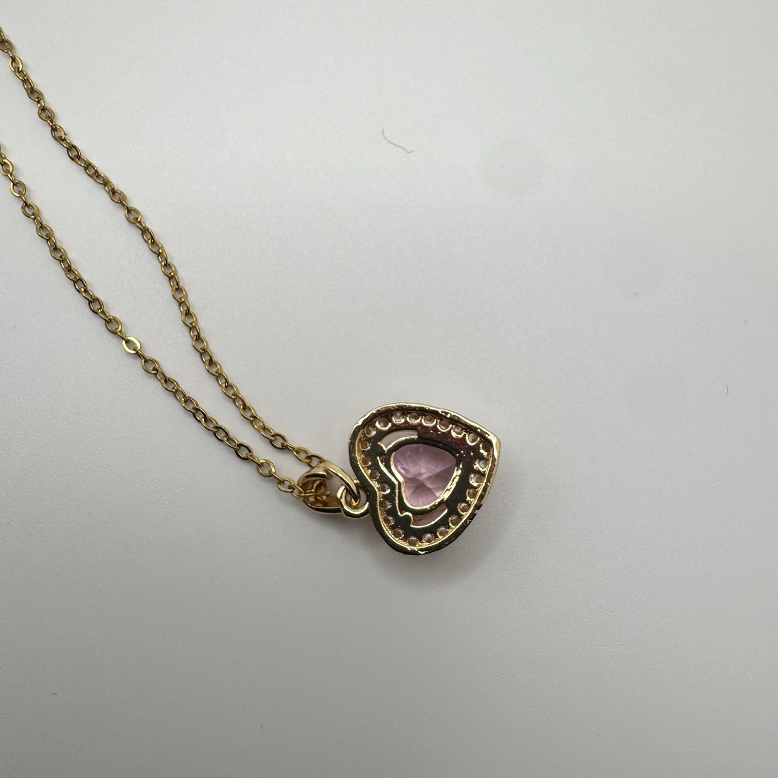 Gold Toned, Stainless Steel Necklace, Pink Heart CZ Pendant 16 In