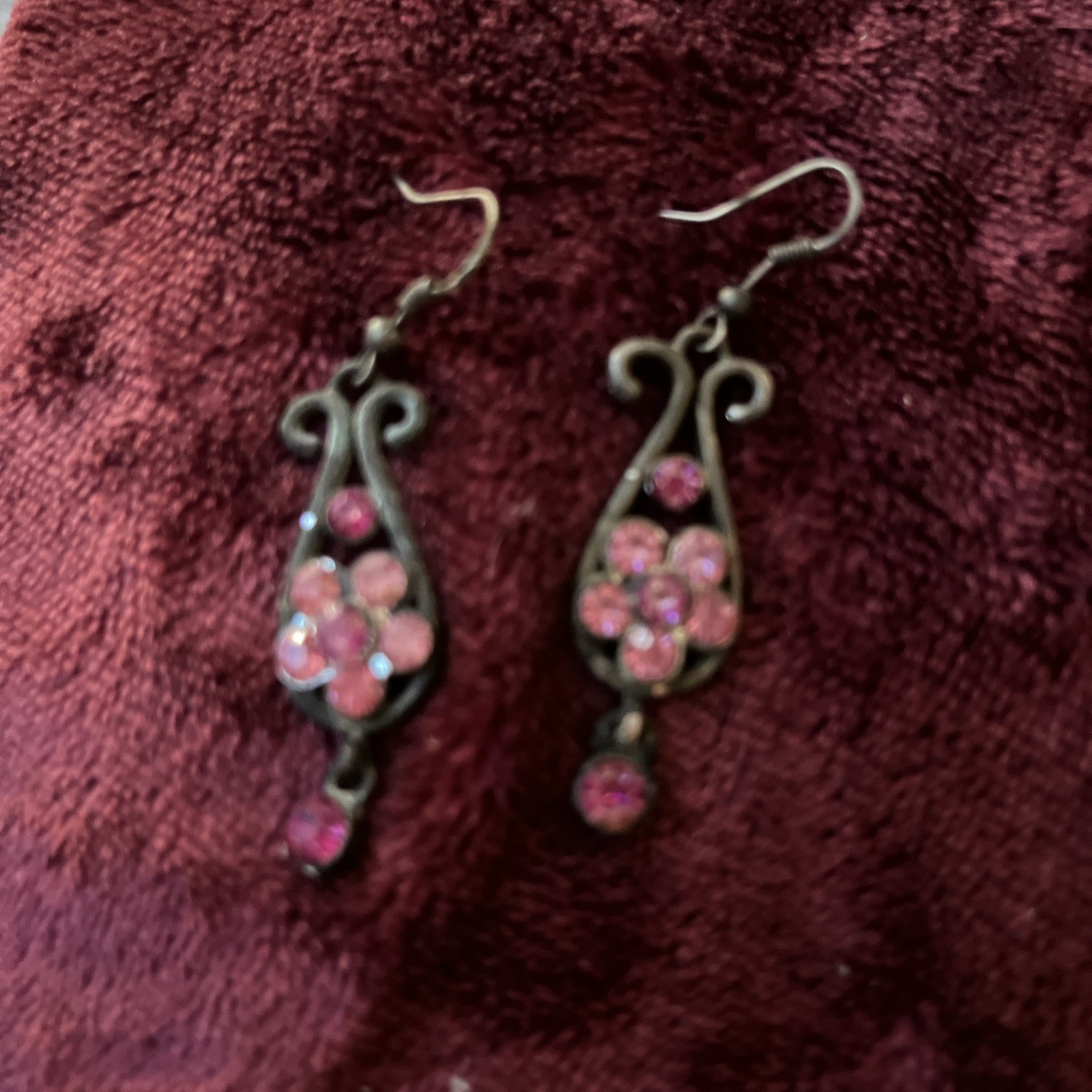 Vintage Earrings Pink Floral Chandelier Shabby Chic Crystal Retro
