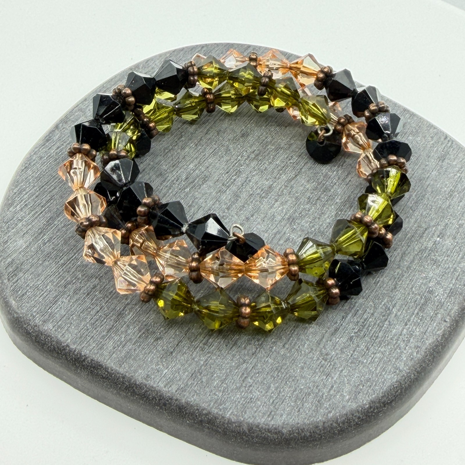 Statement Olive Black Crystal Coil Bracelet Boho Multi Strand Layering Gift Idea