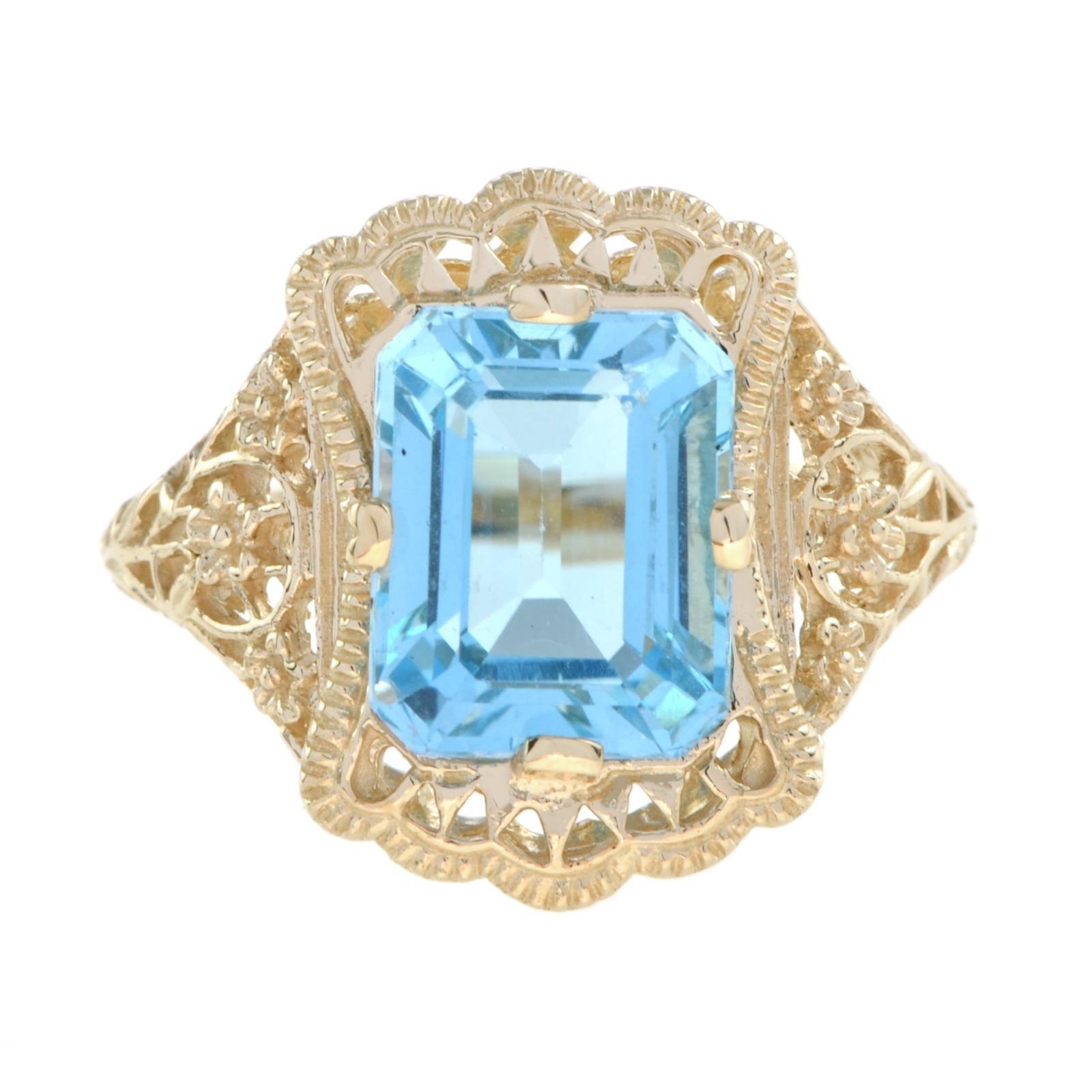 9K Yellow Gold Solid Blue Topaz Edwardian Style Filigree Cocktail Ring