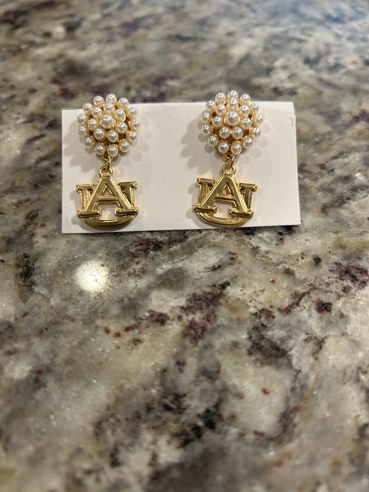New Canvas Style Gold Auburn Logo Earrings with Pearls
