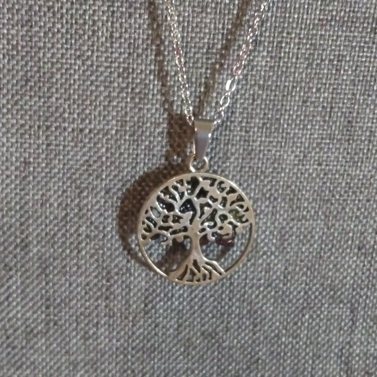 Tree of Life Round Charm Pendant Necklace Silver Tone Purple Crystal Cluster