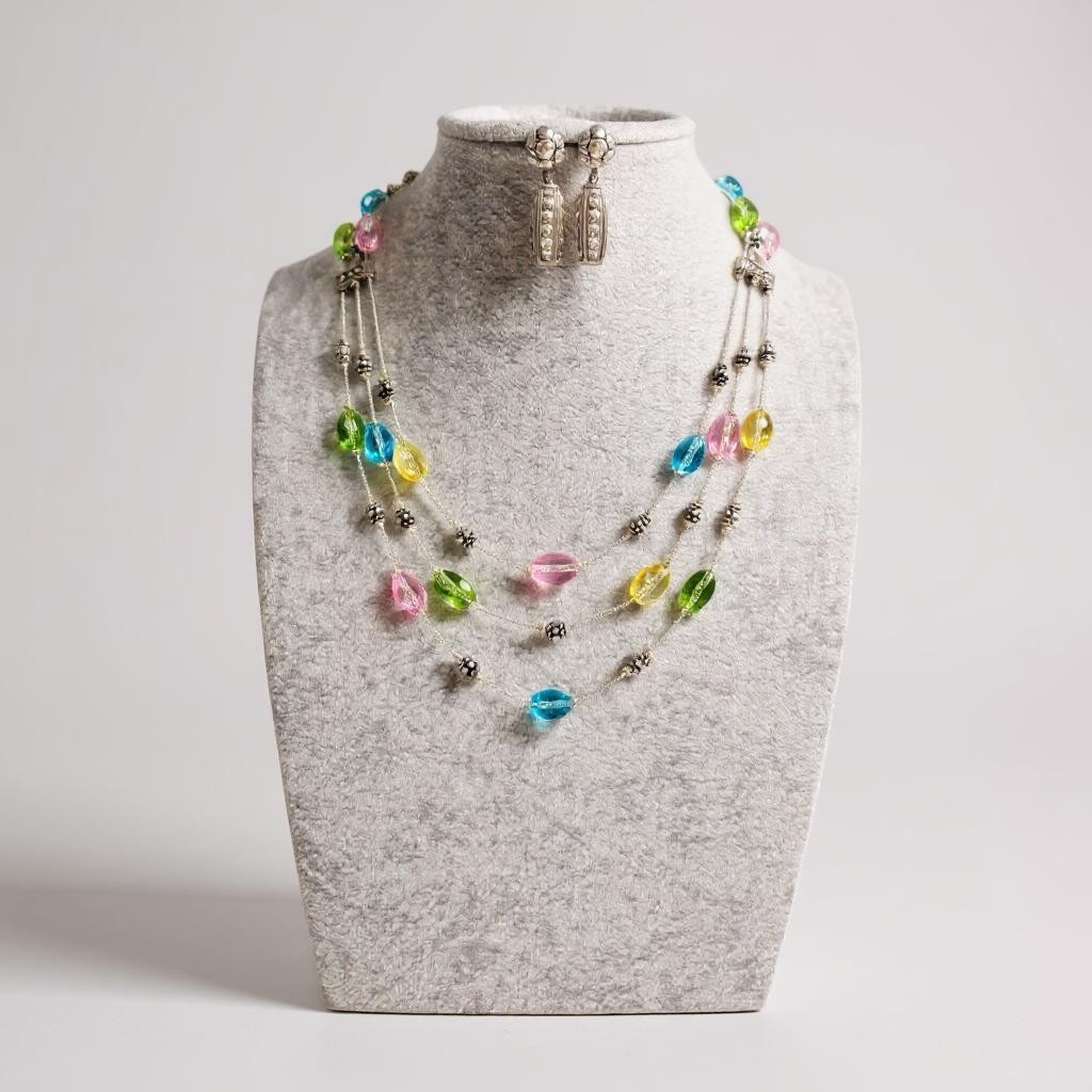 Three Layers multi color faceted glass bead silver tone finish necklace set
