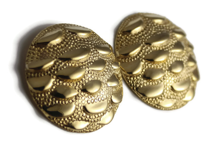 Vtg PARK LANE Earrings Pierced Post Gold Tone Textured Round Disc Button 1 3/8″