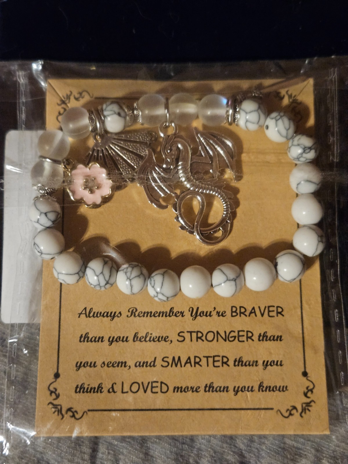 White Faux Howlite Dragon Charm Bracelet Inspirational Gift Velvet Pouch New
