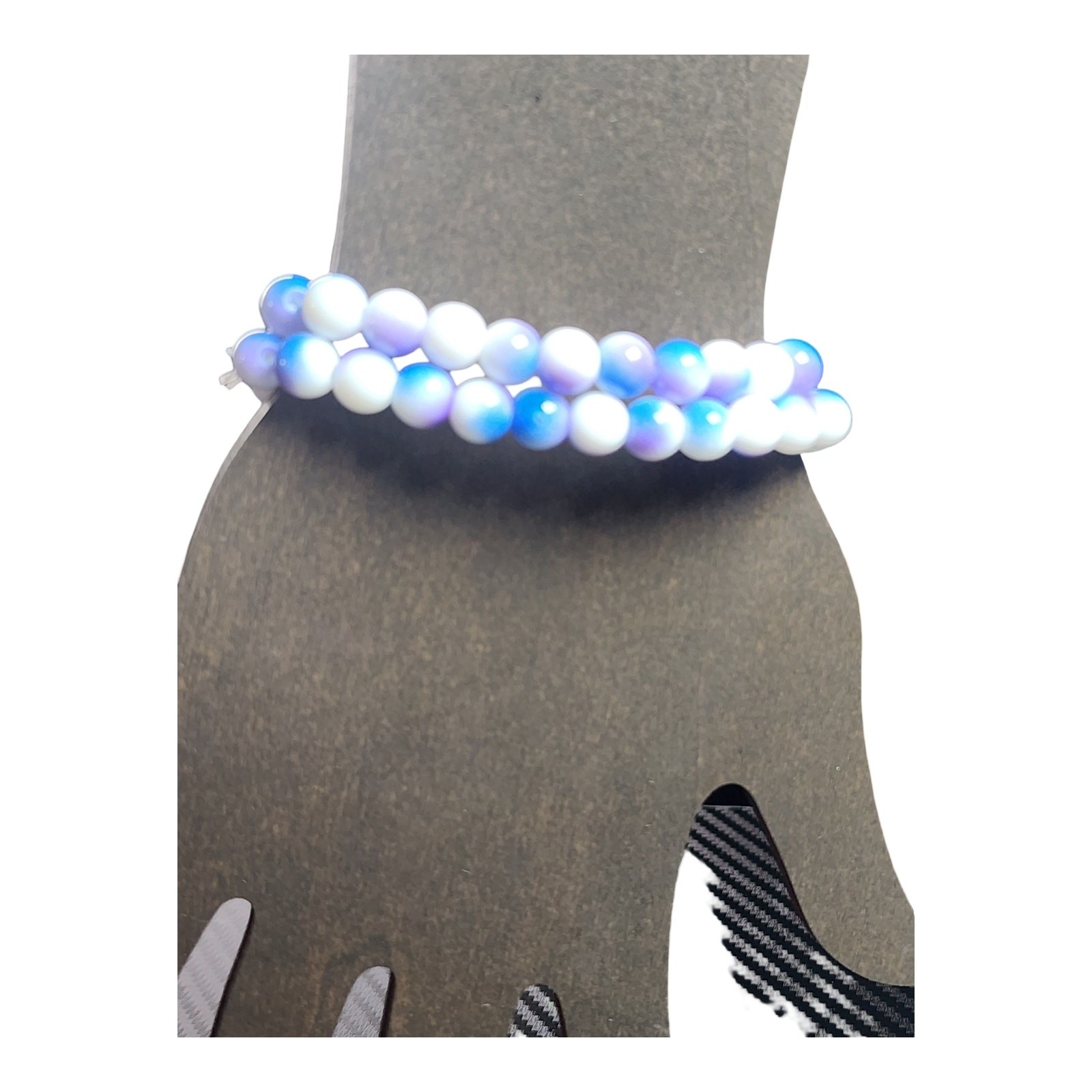 Iridescent Ombre Glass Beaded Stretch Bracelet — Blue, Violet & White