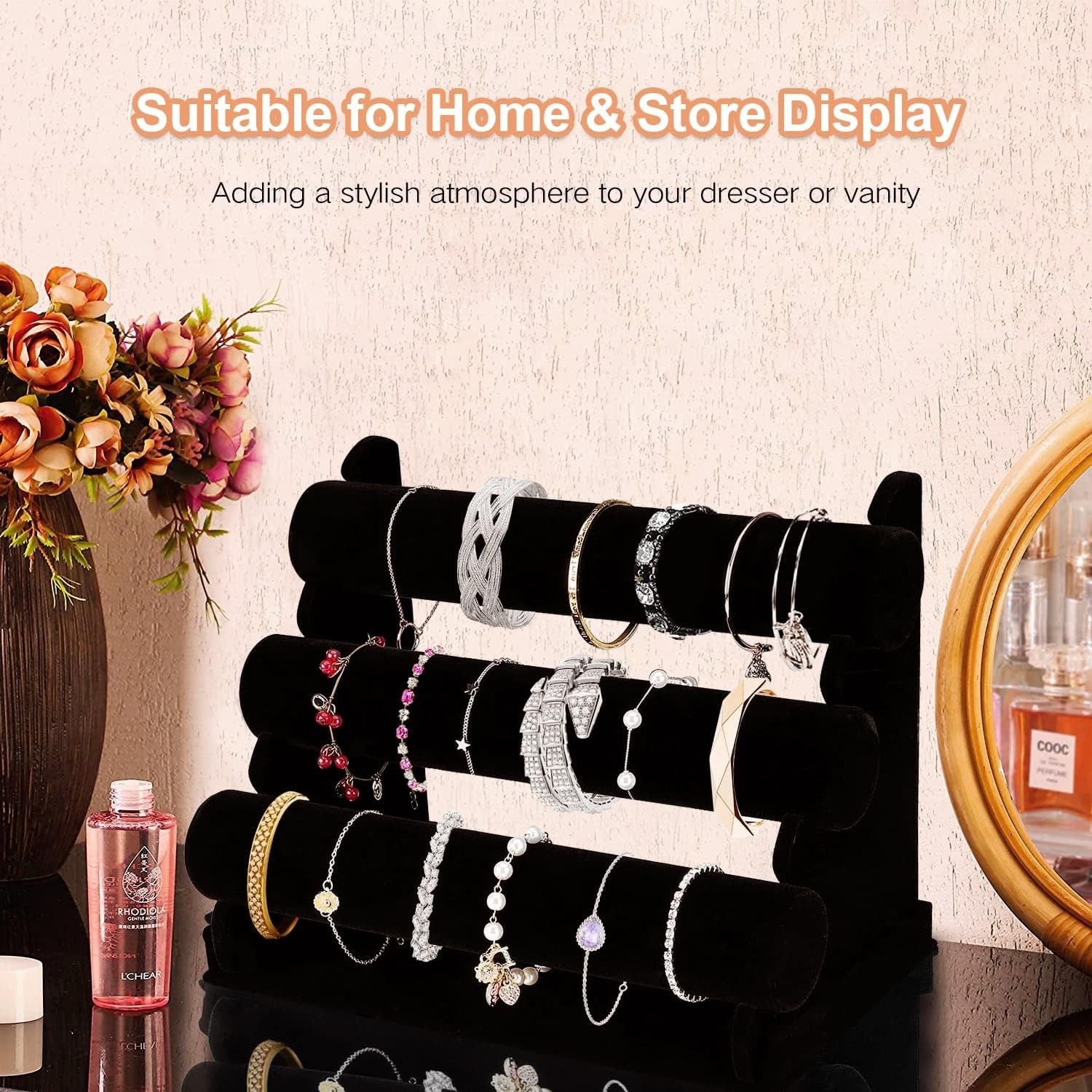 Velvet Bracelet Holder 3 Tier Jewelry Display Stand Black T Bar Organizer