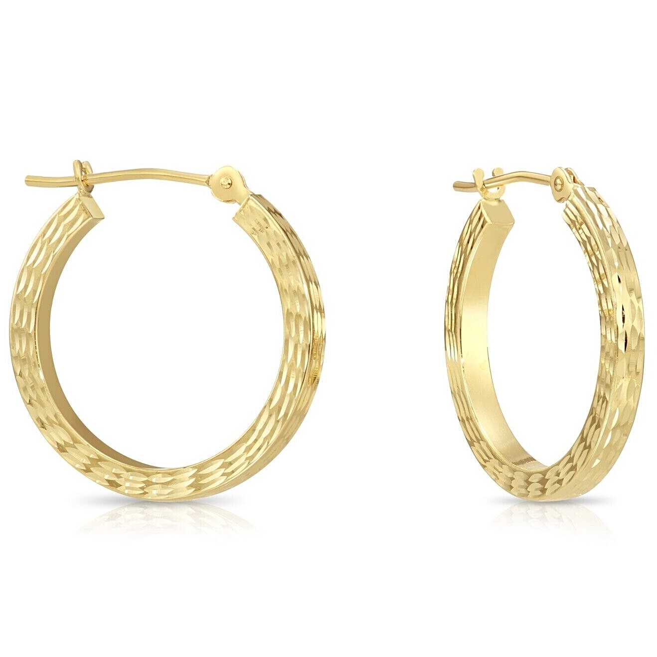 14K Real Solid Gold Full Diamond-Cut Square Tube Chunky Hoop Earrings 20MM-30MM