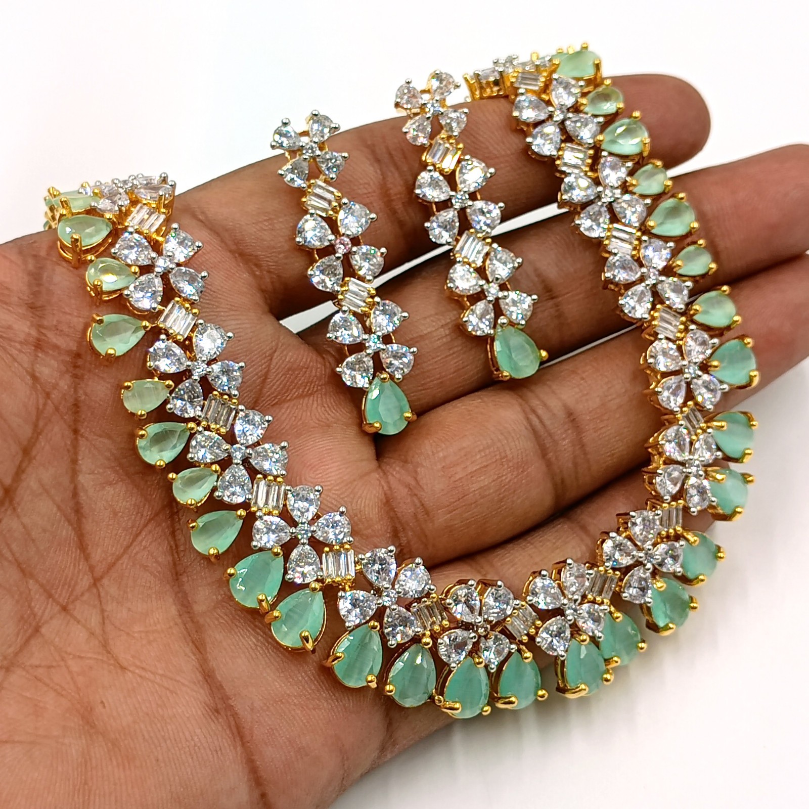 Designer Chalcedony CZ Diamond Gold Plated Necklace Set Bridal Jewelry For Women