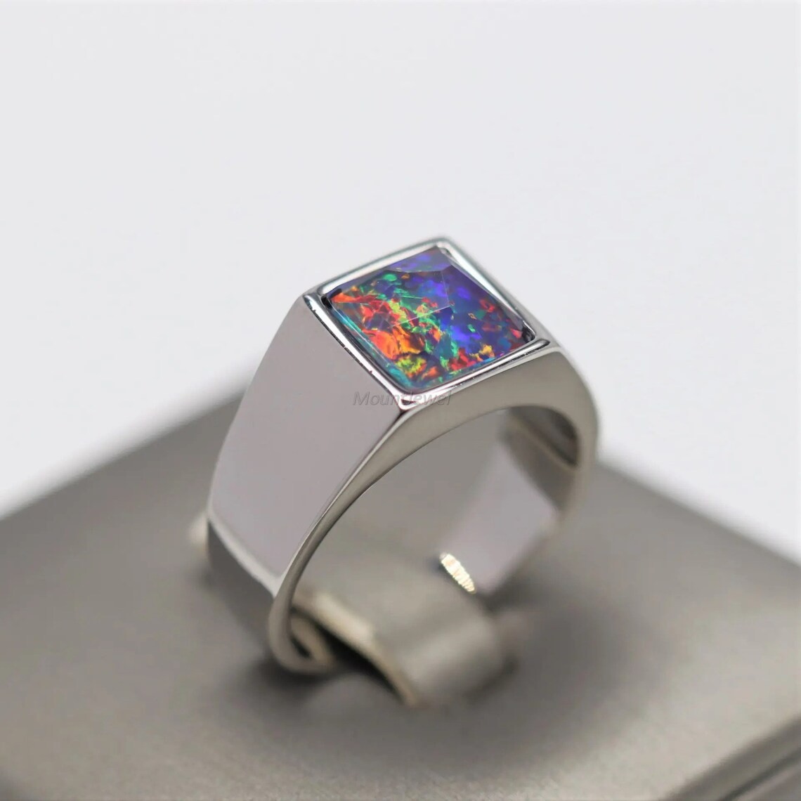 Blue Fire Opal Gemstone Signet Ring, 925 Sterling Silver Ring Gift For Friend