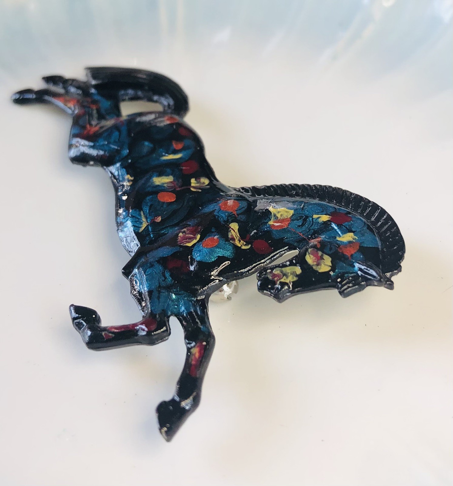 Vintage Black Blue Orange Enamel Painted Horse Brooch/pin