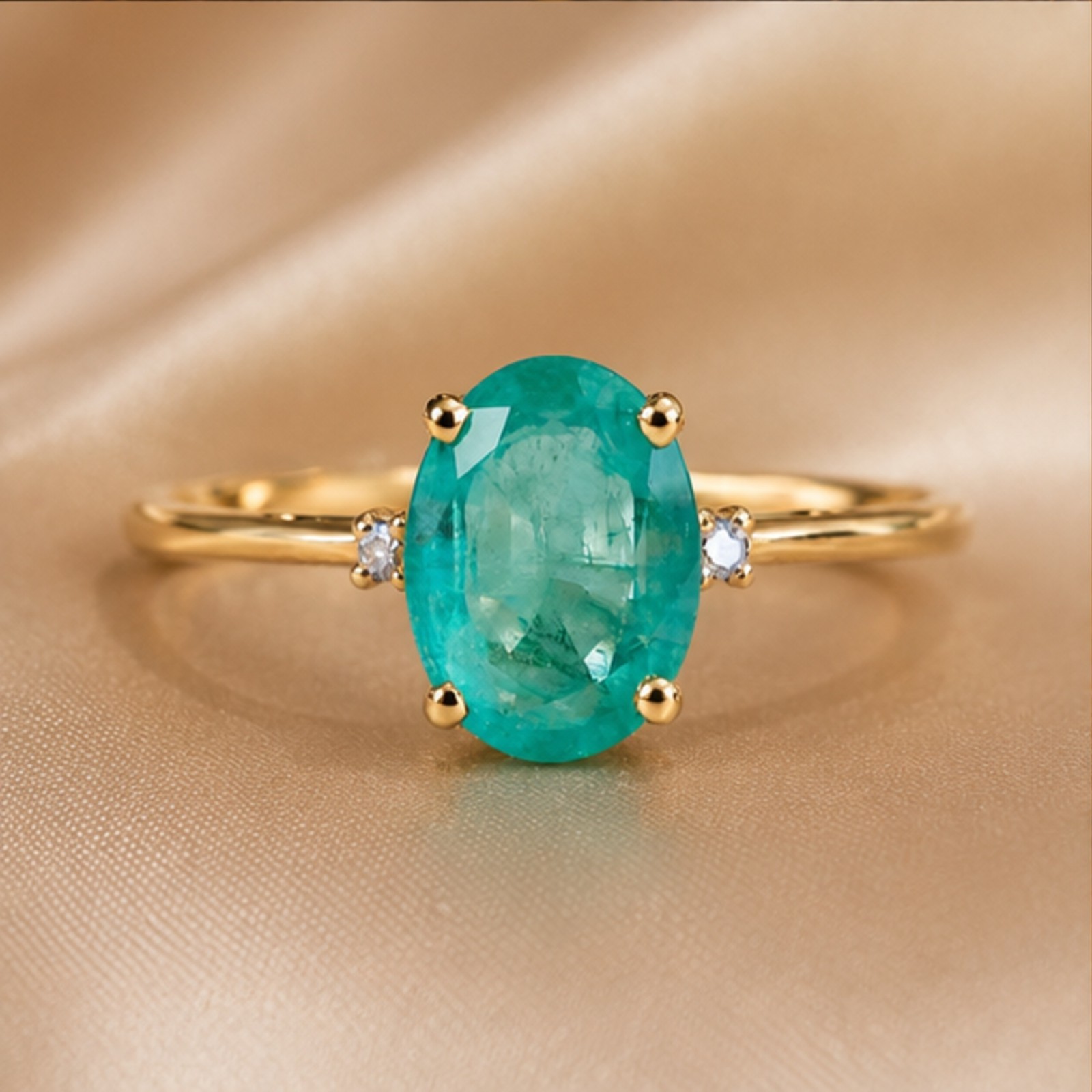 Oval Mint Green Emerald Ring Diamond Side Accent 14k Yellow Gold Over Silver Fin