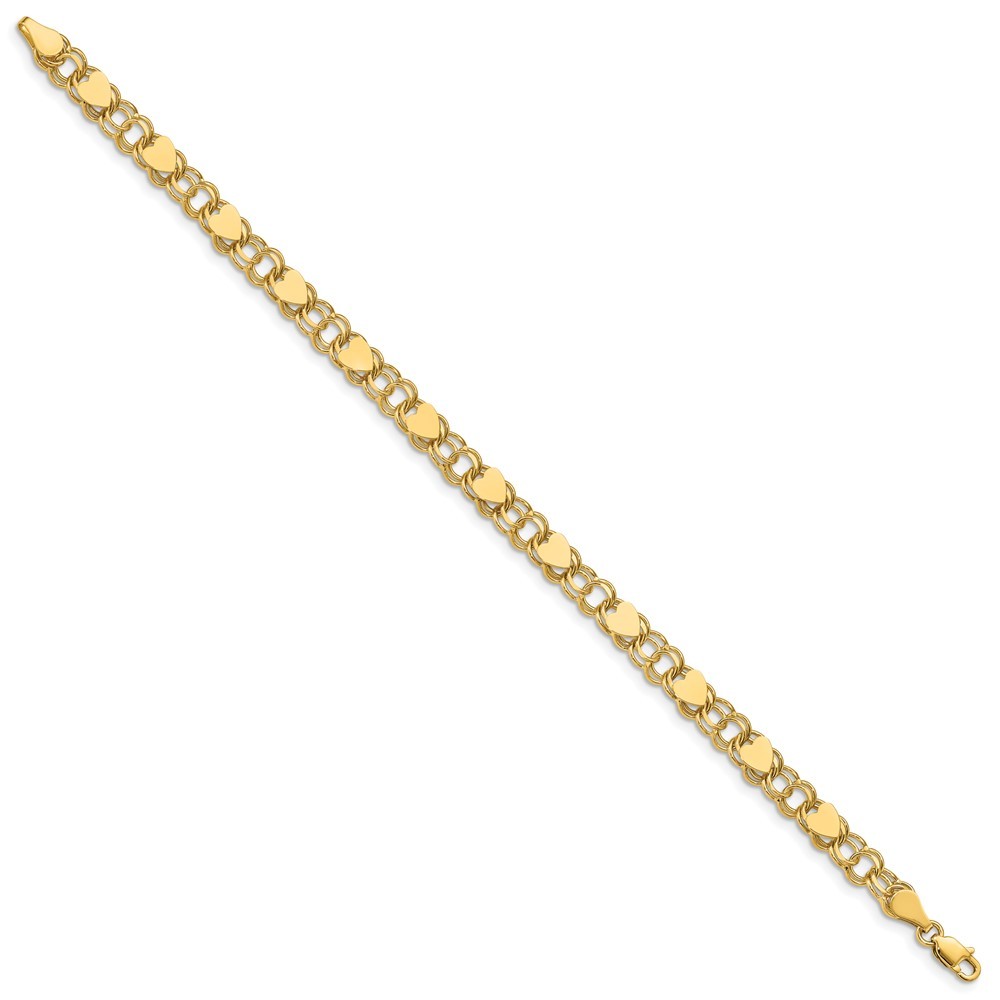 14k Yellow Gold 6mm Solid Double Link with Hearts Charm Bracelet 8″