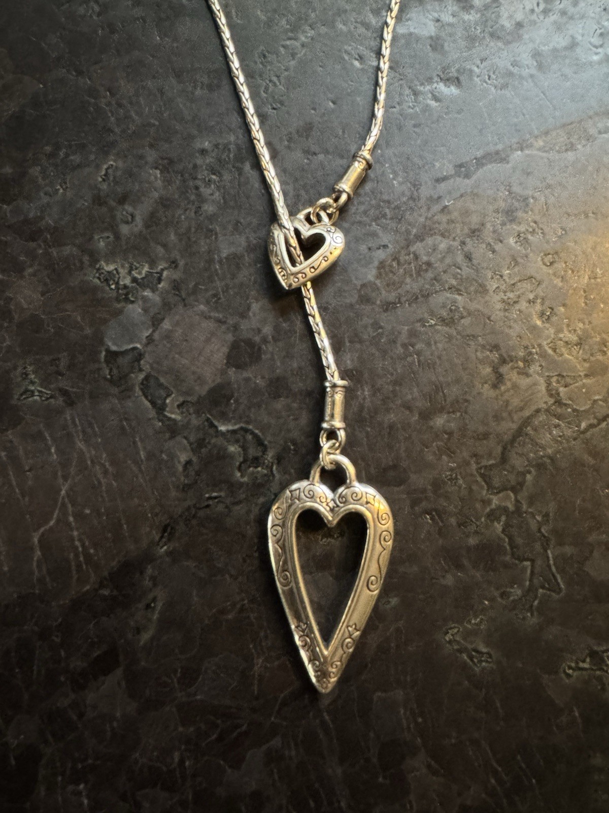 Brighton Shower of Hearts Lariat Necklace Silver Double Heart Drop