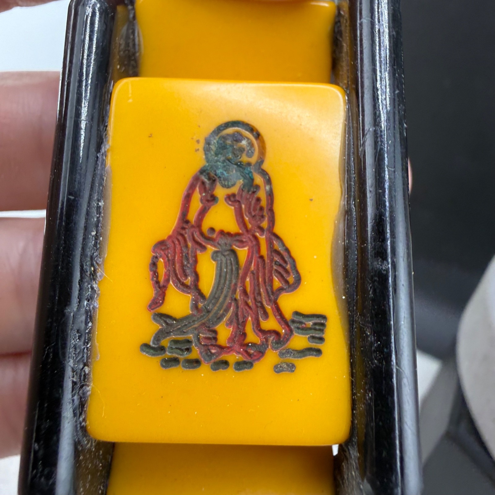 Vintage Mahjong Tile Bracelet Butterscotch Black Chinese Character Bangle