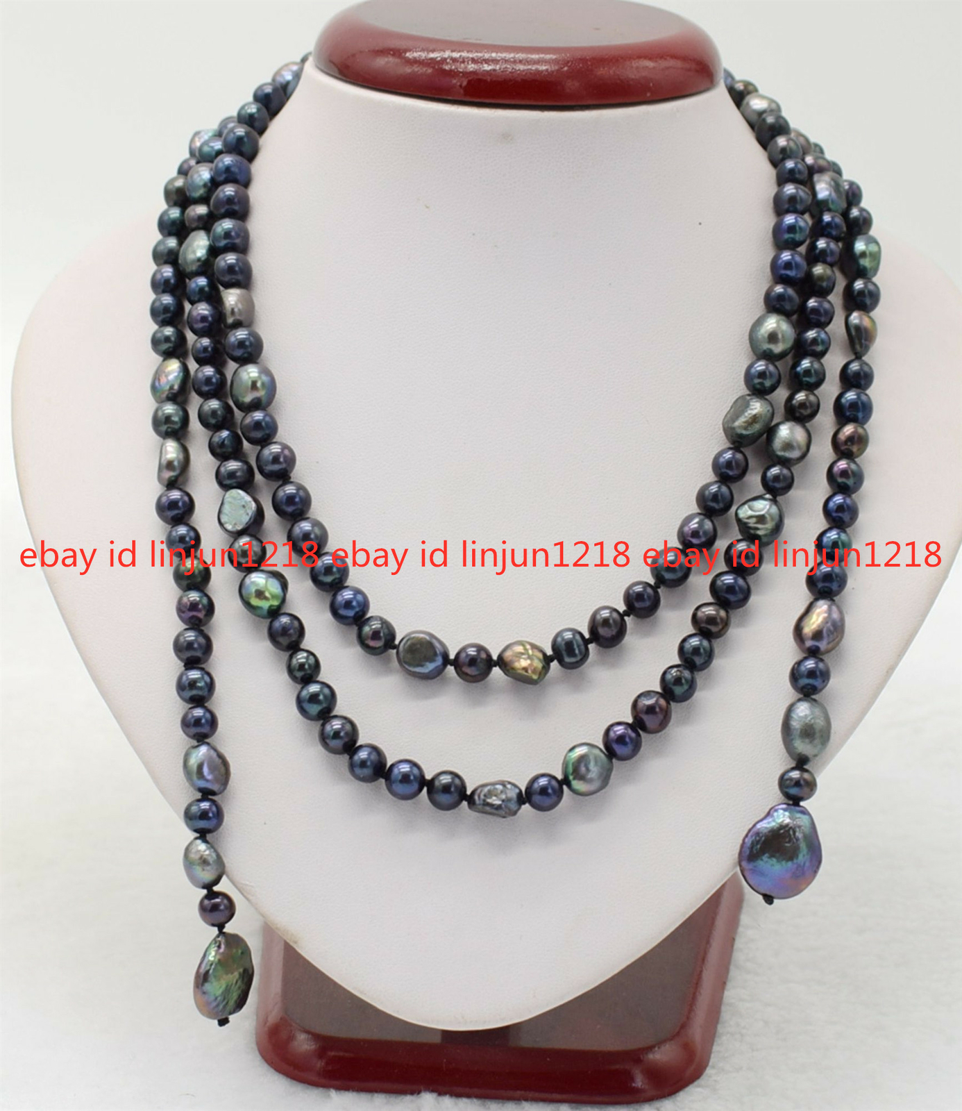 Long 50″ 7-8mm Freshwater Black Baroque 12-13mm Black Coin Pearl Necklace