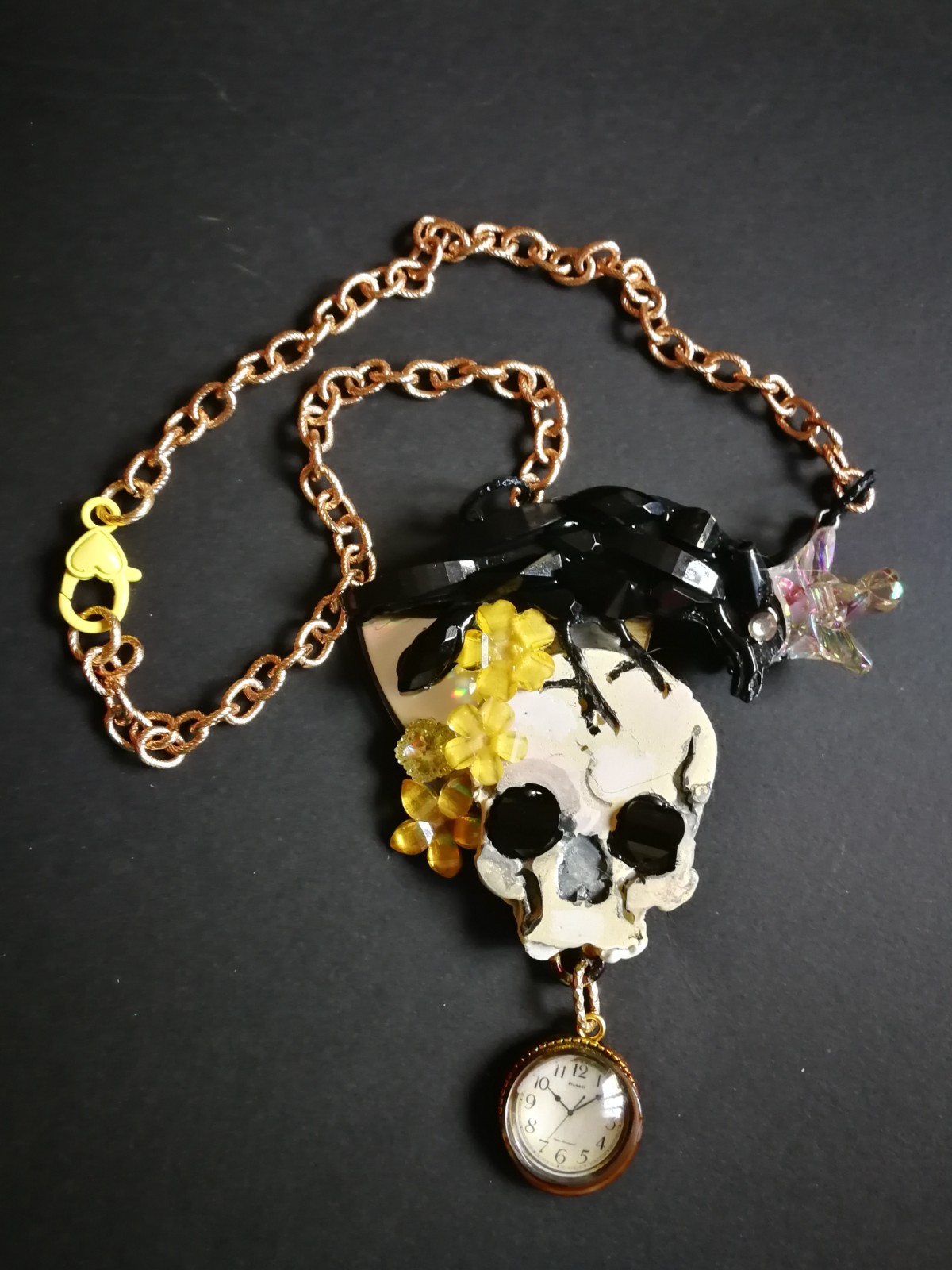 Magic Talisman Black Raven Crow Necklace Skull Pendant Amulet Memento Mori Clock