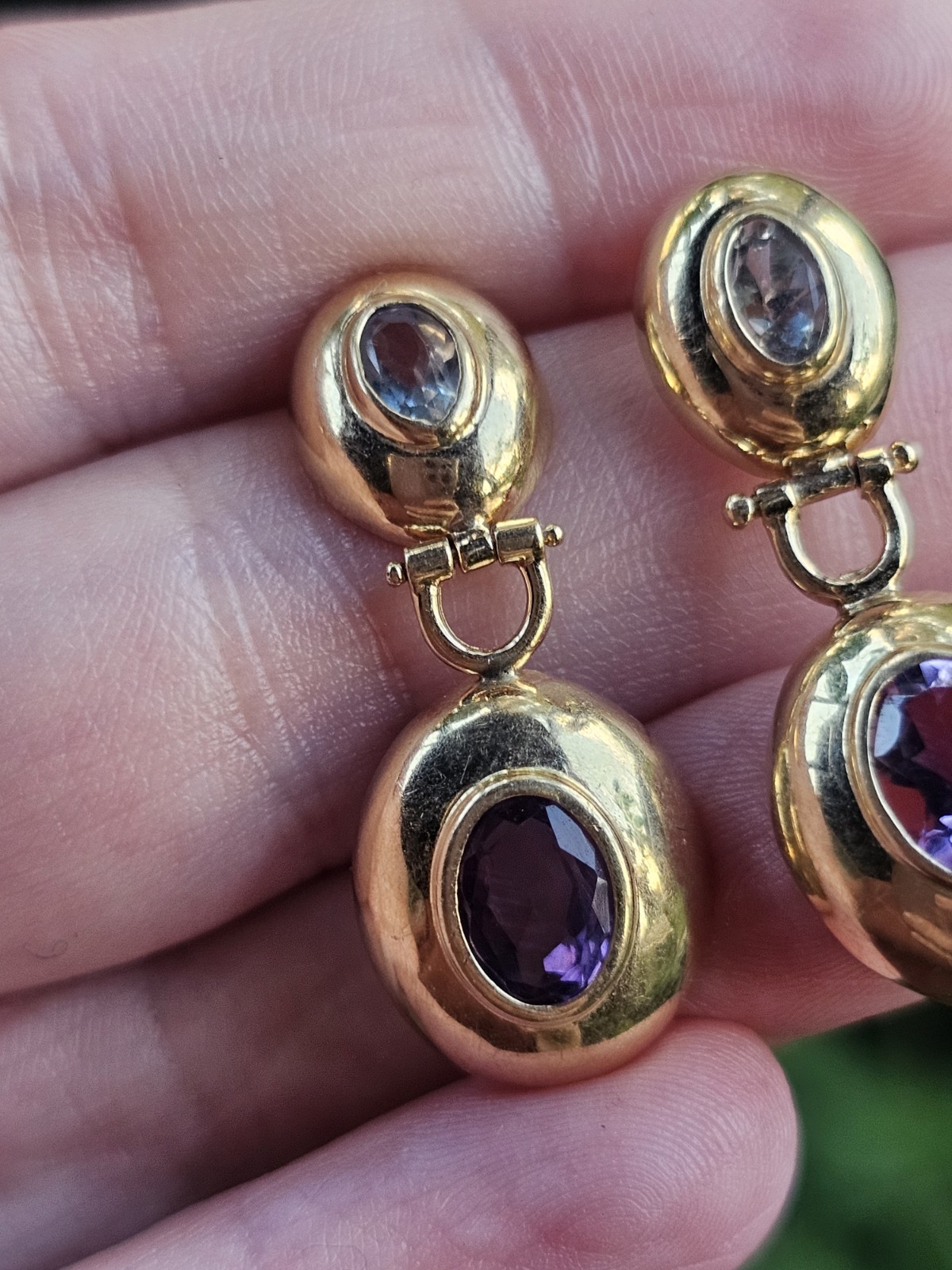 Vintage 14k Yellow Gold Purple Blue Gemstone Doorknocker Postback Earrings 3g