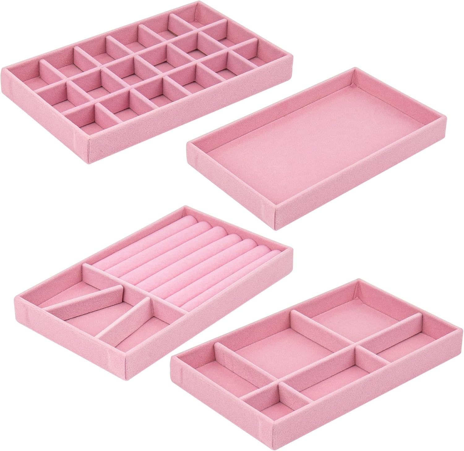 4 Pack Velvet Jewelry Organizer for Drawers Inserts Pink Stackable Earrings