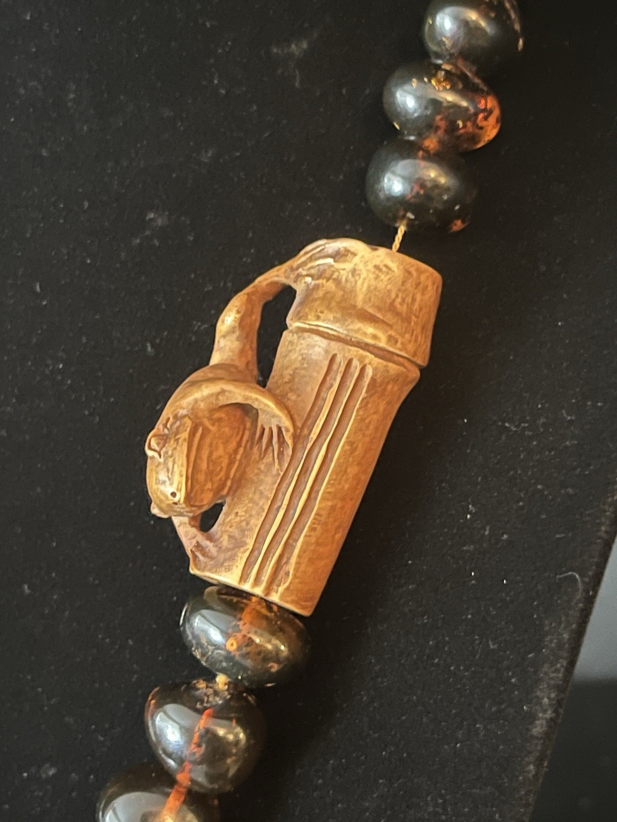 Baltic Amber Beaded Necklace Tied Nylon Cord with Carved Wood Frog/Floral Beads