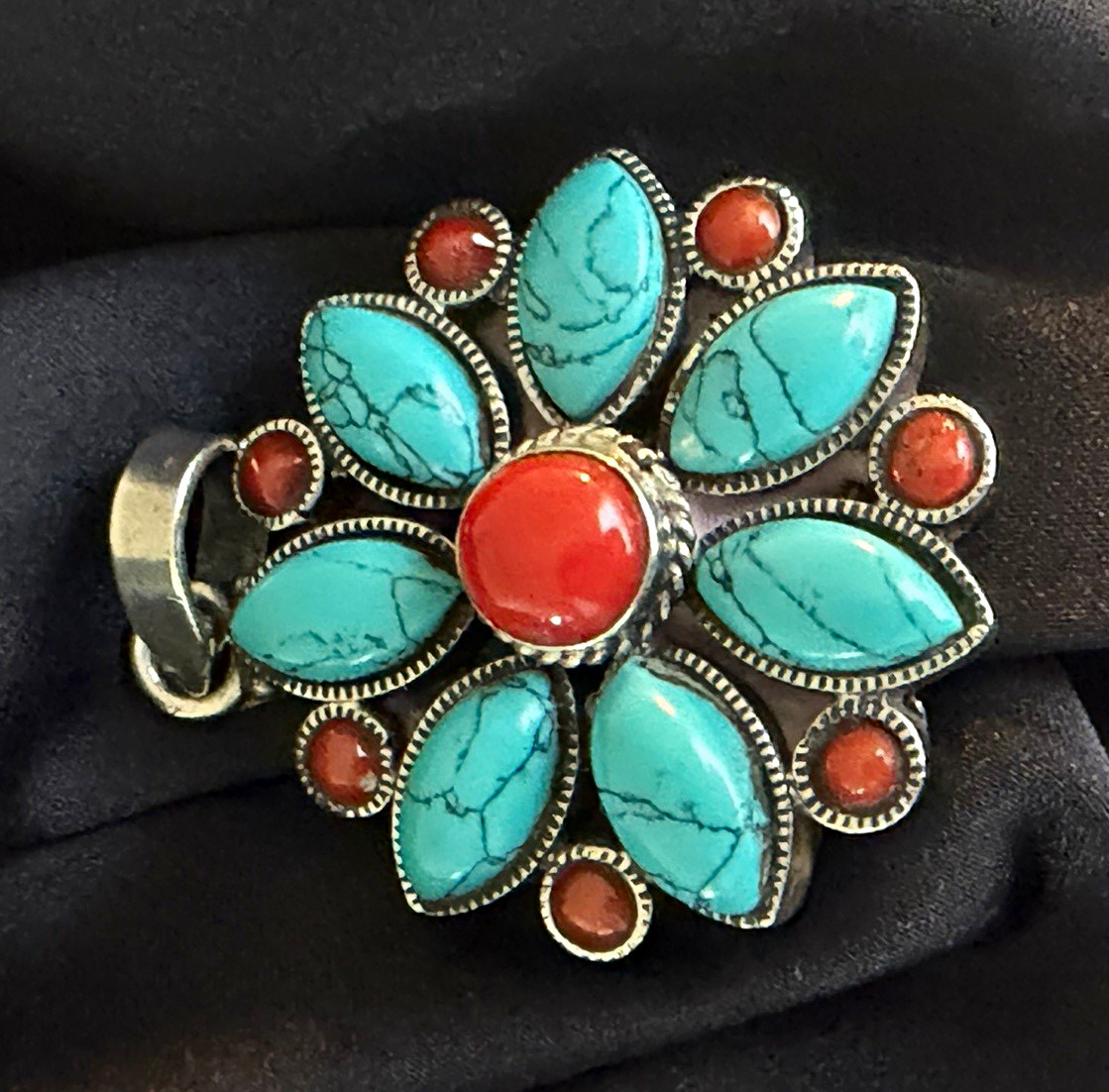 Vintage Nepalese Tibetan 925 Sterling Silver Turquoise Red Coral Pendant Garuda
