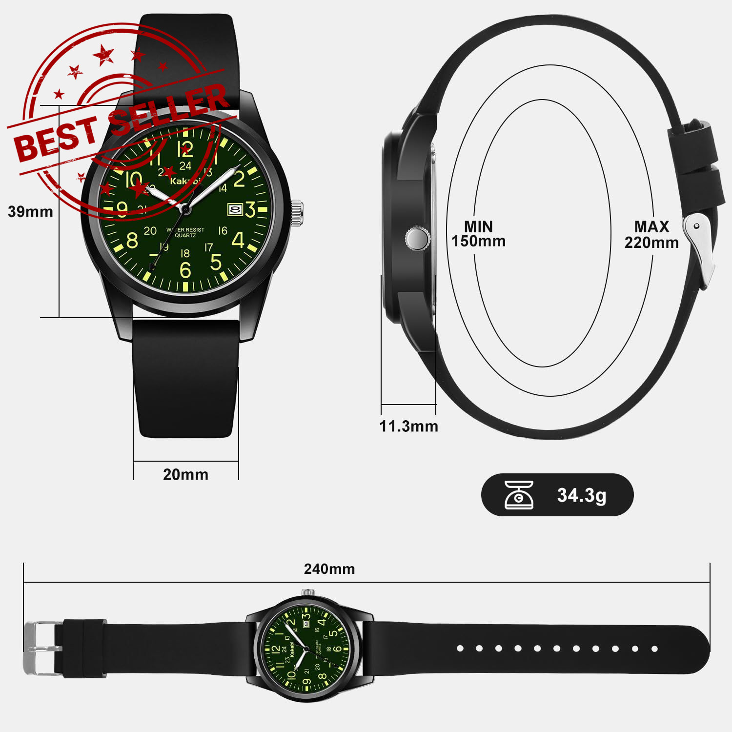 Kakabi Men’s Easy to Read Watch, Unisex Military Sport Analog 010-BlackGreen