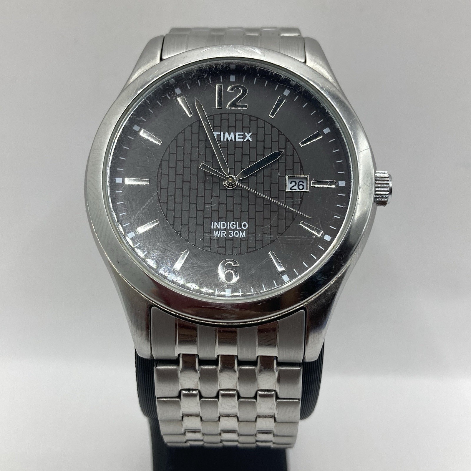 Timex Men’s T2N848 Indiglo Dress Watch Charcoal Gray Brick Dial Date 39mm Silver