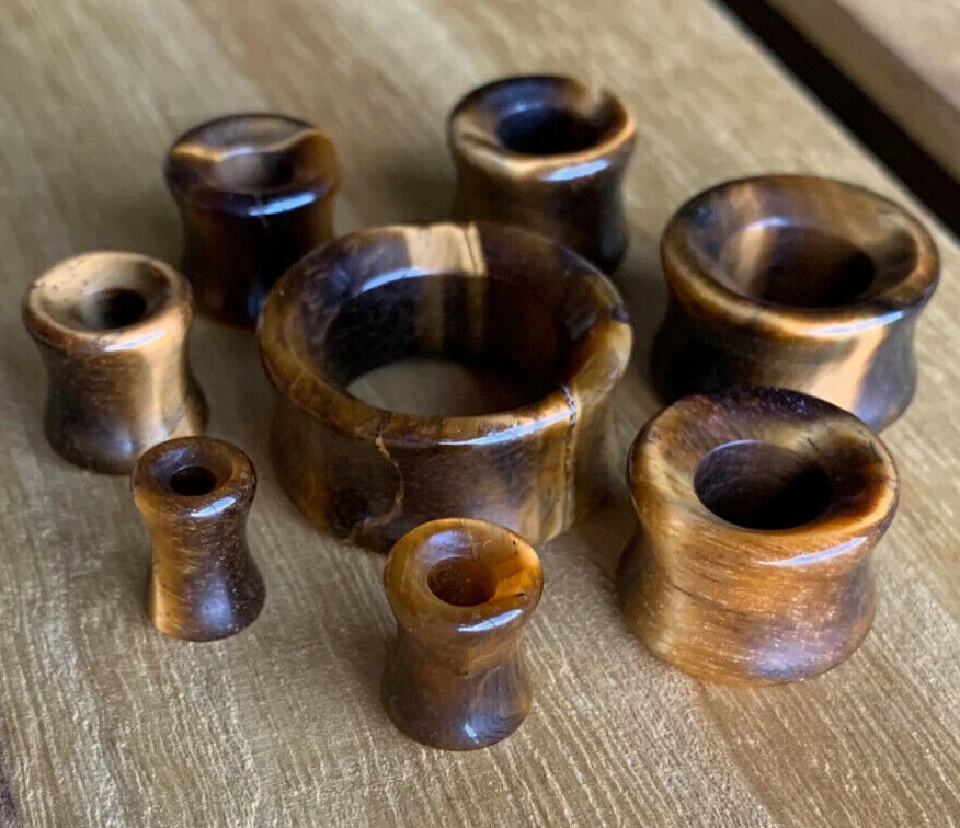 PAIR Tiger Eye Organic Stone Tunnels Double Flare Plugs Earlets Gauges