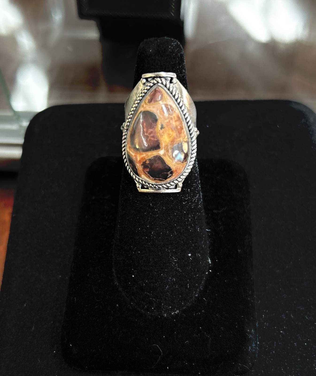 Sterling Silver Chert Breccia Pear shape Cabochon Ring Size 7.5