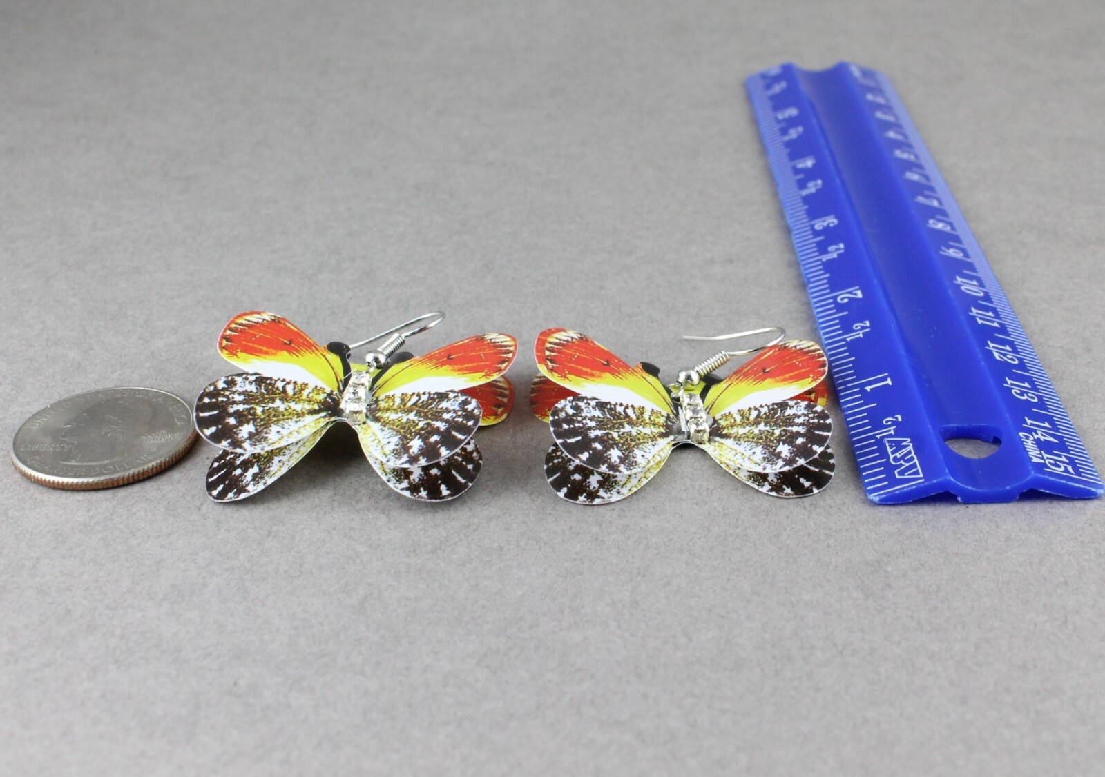 Red Yellow Black butterfly earrings 3D dangle 1 5/8″ long Very lightweight wings