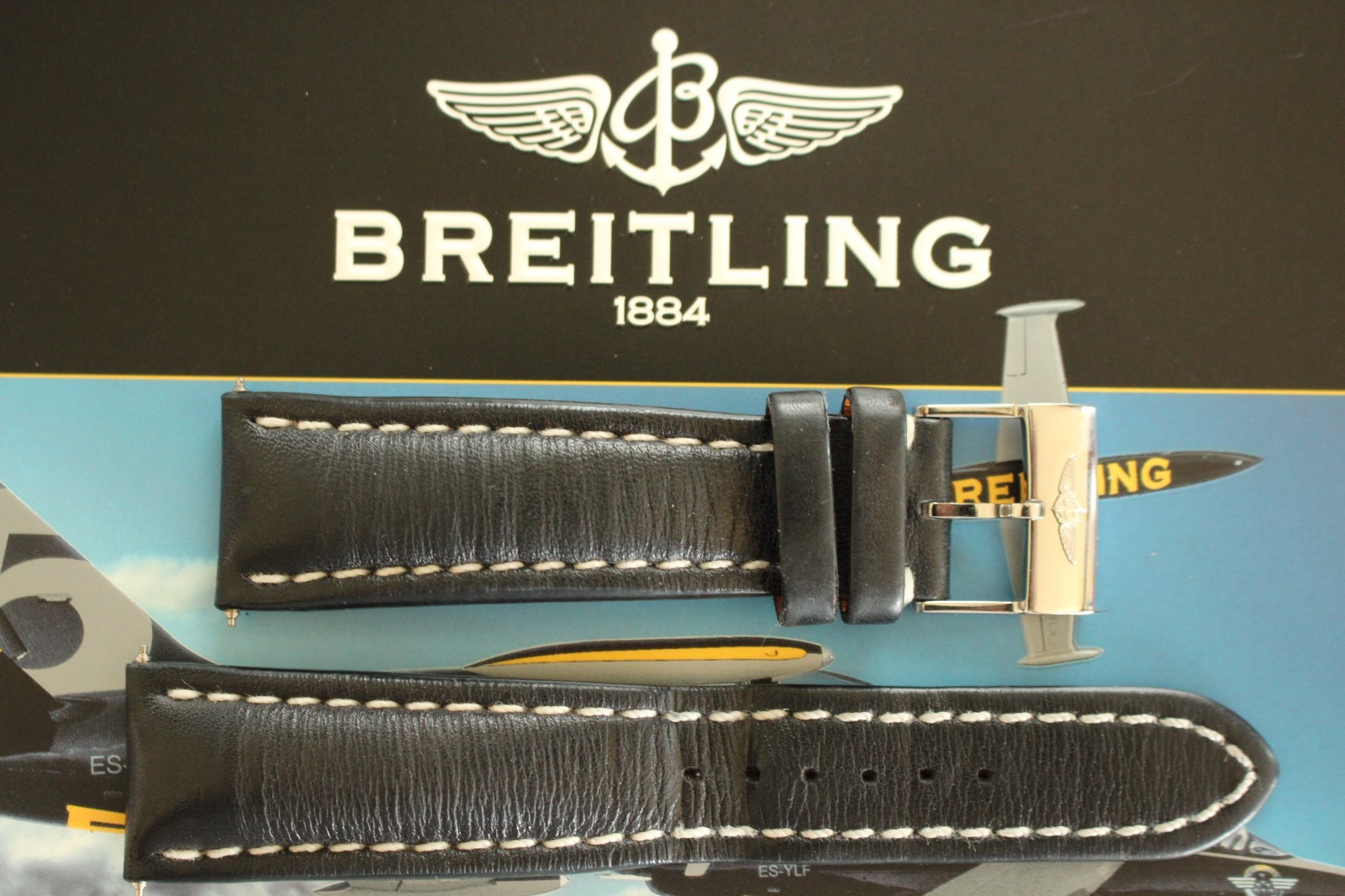 BREITLING 441X 24-20 BLACK SMOOTH CALF TONGUE BUCKLE WATCH BAND WATCHBAND STRAP