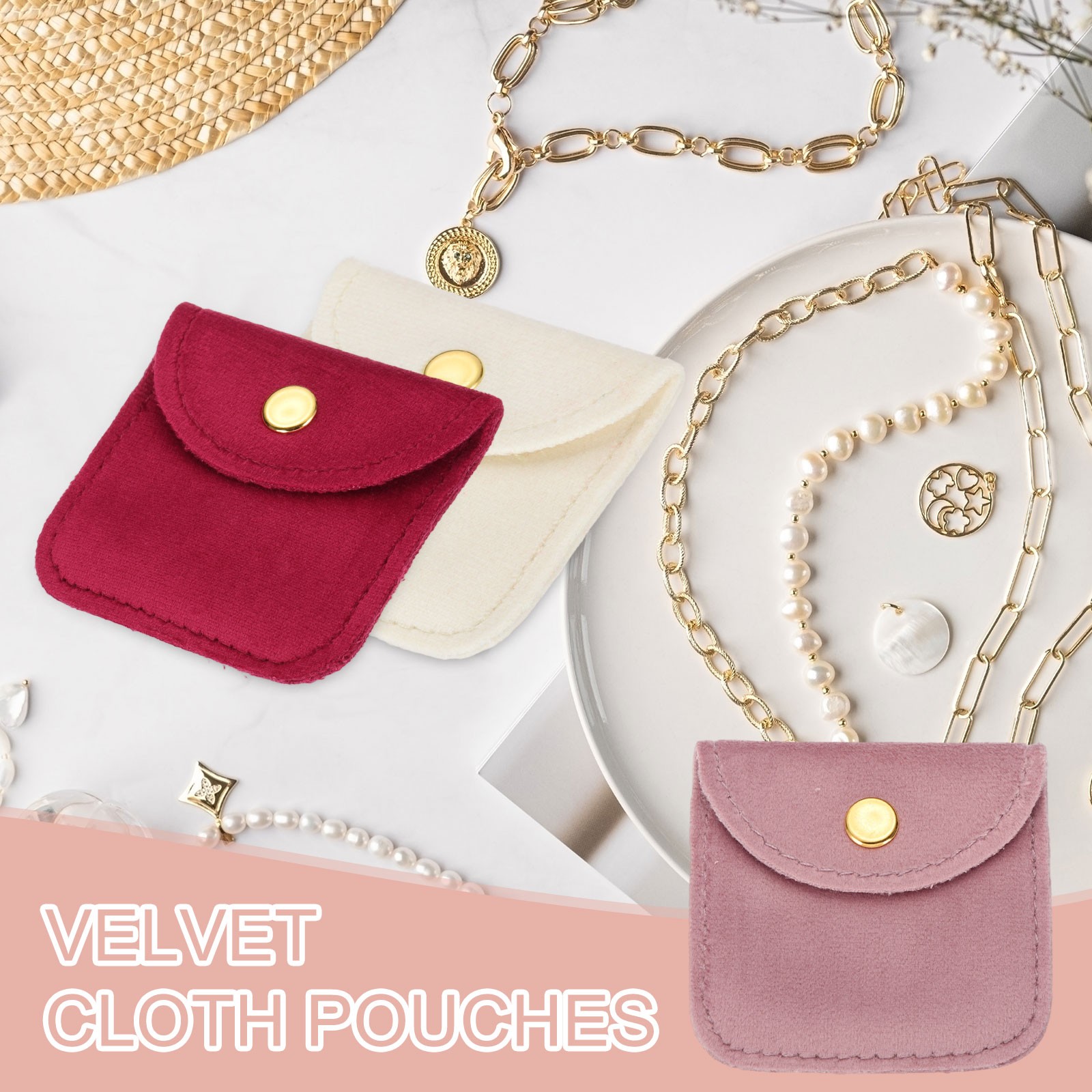 6 Pcs Velvet Jewelry Pouches Gift Bag with Snap Button (2″x2″/3″x3″) White