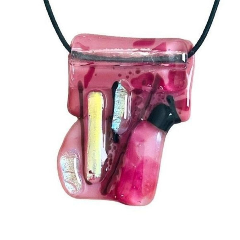NEW Artist Made Pink Mixed Media Fused Glass Statement Necklace on Stretch Cord