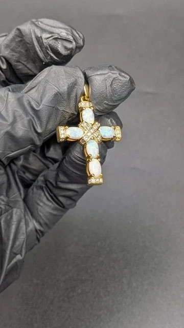 Women’s 2.00Ct Oval Cut Natural Fire Opal Cross Pendant 14K Yellow Gold Plated