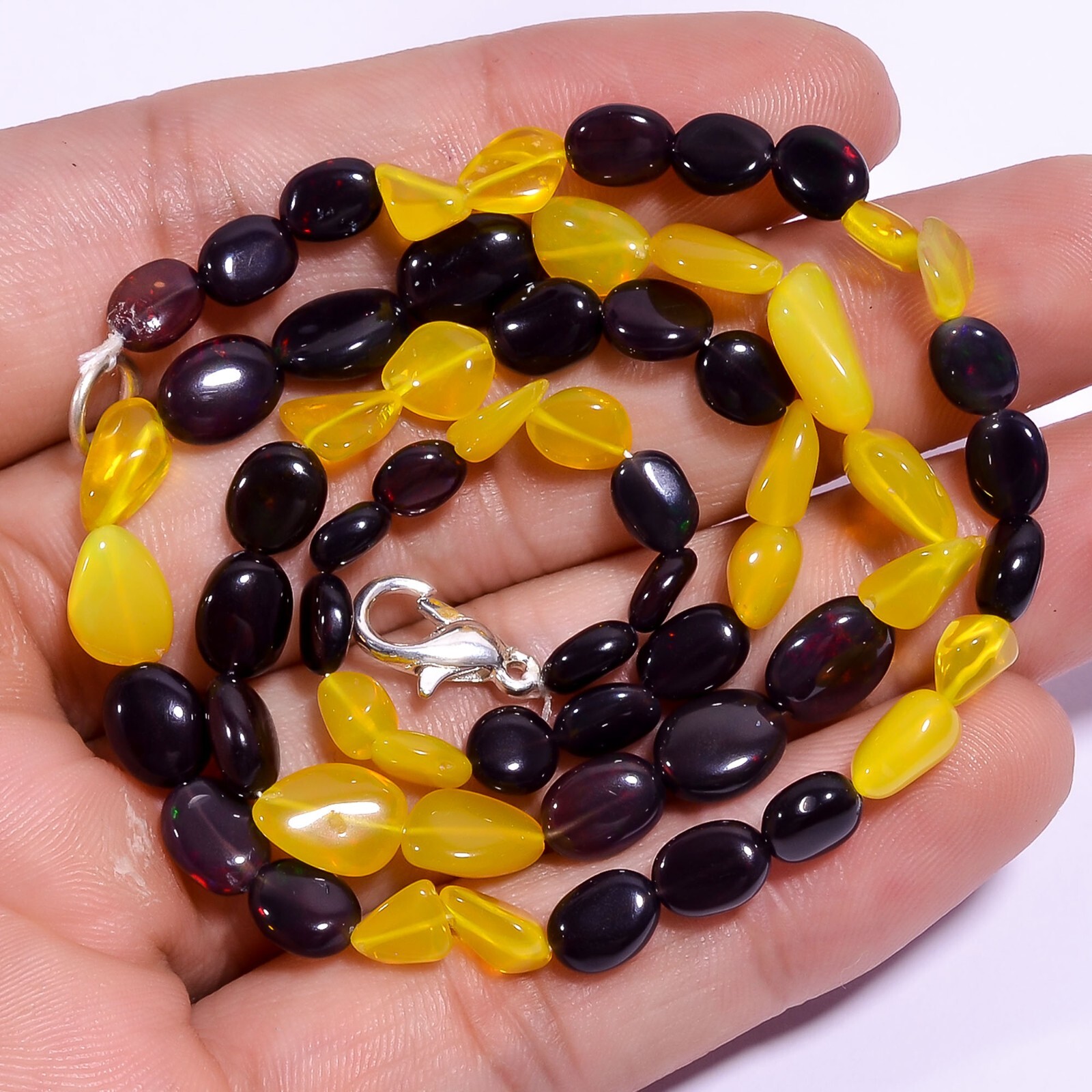 46.35 Ct. Natural Black & Yellow Ethiopian Opal Smooth Beads Necklace 17″ A-2648