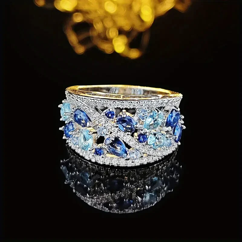 Elegant 925 Sterling Silver Blue White Topaz Wedding Engagement Ring Size 6