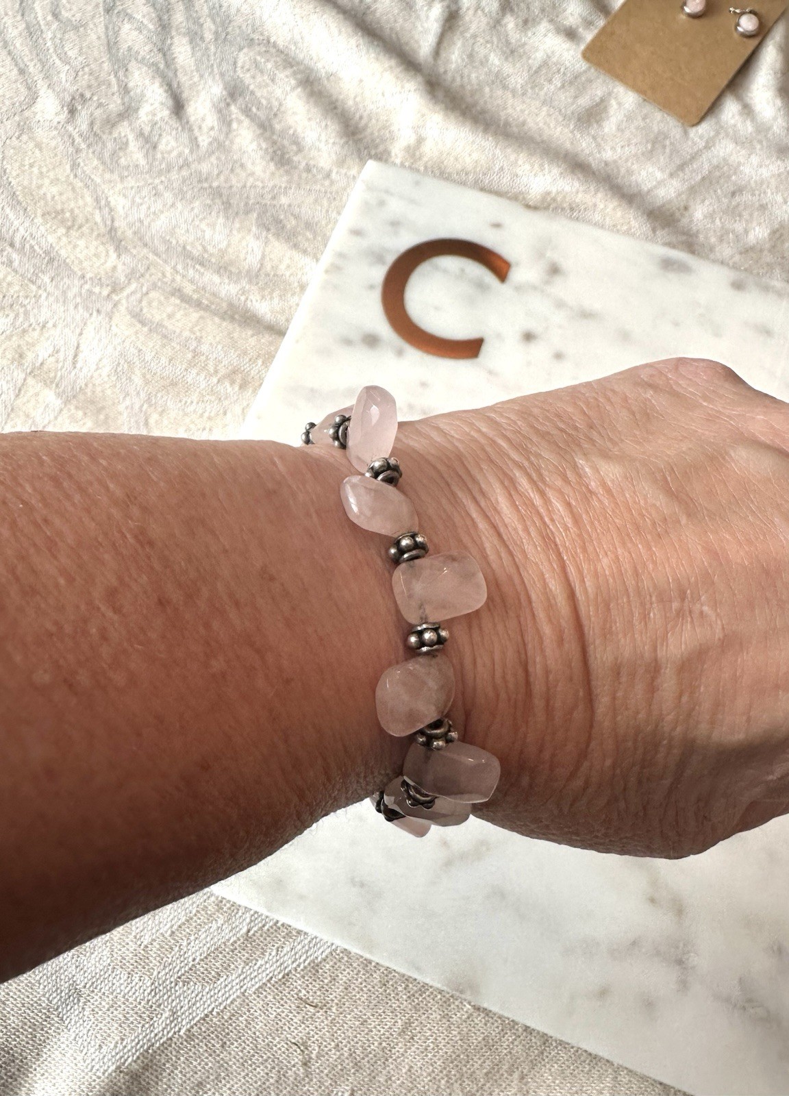 Natural Rose Quartz Nugget Bracelet Heart Toggle Clasp Silver Tone 7.5”