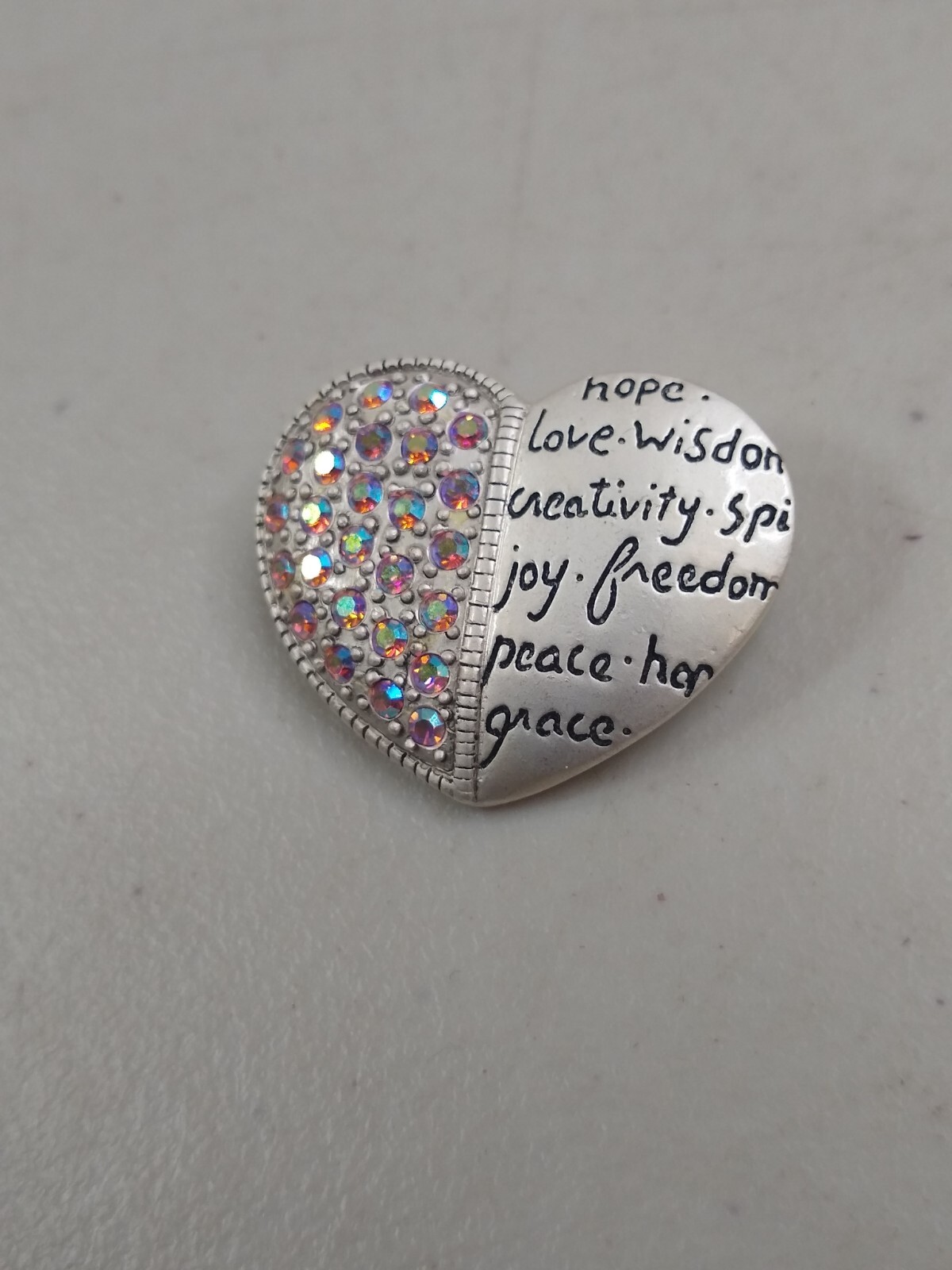 Signed AJMC Silver Tone Crystal Encouragement Love Heart Pin Brooch Broach Faith