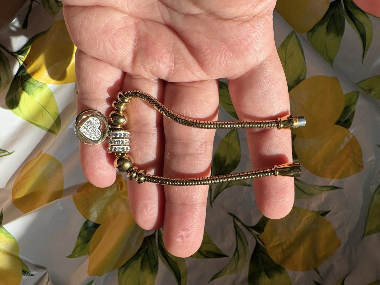Gold Tone Snake Chain Slide Charm Bracelet Heart Dangle Clear Pavé Crystals