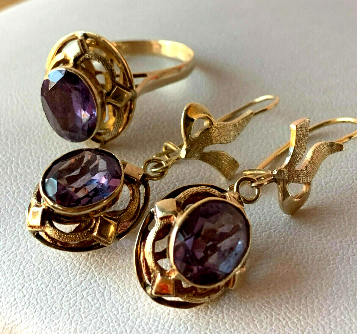 VINTAGE 14K RING & EARRINGS COLOR CHANGE PURPLE SAPPHIRE SET OF 2 CUSTOM MADE