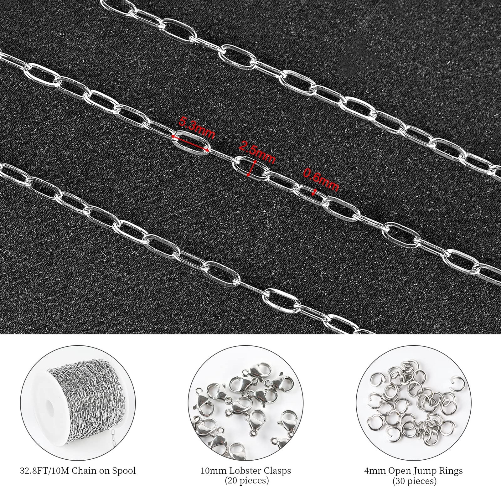 KYUNHOO 32.8 Feet 304 Stainless Steel Chain Bulk Silver Paperclip Chains for Jew